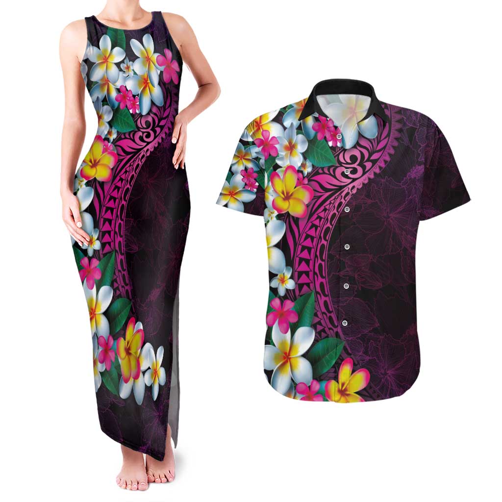 Hawaiian Plumeria-Polynesian Art Tattoo Plum Pink Color Couples Matching Tank Maxi Dress and Hawaiian Shirt