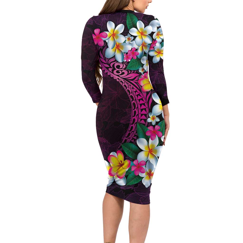 Hawaiian Plumeria-Polynesian Art Tattoo Plum Pink Color Family Matching Long Sleeve Bodycon Dress and Hawaiian Shirt