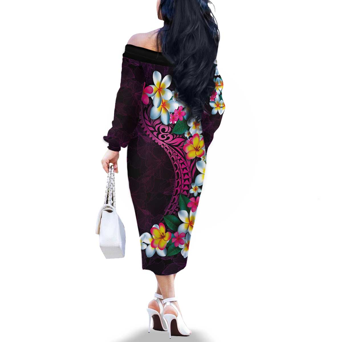Hawaiian Plumeria-Polynesian Art Tattoo Plum Pink Color Family Matching Off The Shoulder Long Sleeve Dress and Hawaiian Shirt