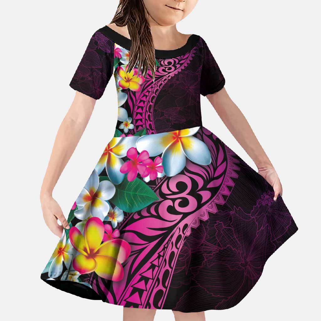 Hawaiian Plumeria-Polynesian Art Tattoo Plum Pink Color Family Matching Off Shoulder Maxi Dress and Hawaiian Shirt