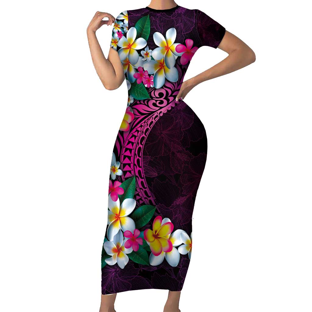 Hawaiian Plumeria-Polynesian Art Tattoo Plum Pink Color Family Matching Short Sleeve Bodycon Dress and Hawaiian Shirt