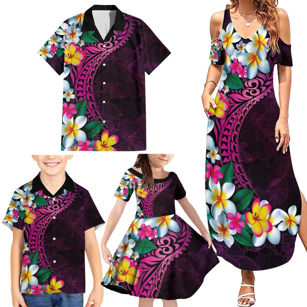 Hawaiian Plumeria-Polynesian Art Tattoo Plum Pink Color Family Matching Summer Maxi Dress and Hawaiian Shirt