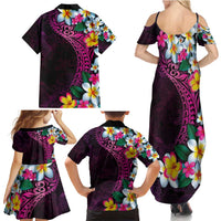 Hawaiian Plumeria-Polynesian Art Tattoo Plum Pink Color Family Matching Summer Maxi Dress and Hawaiian Shirt