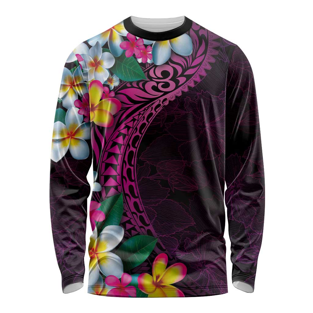 Hawaiian Plumeria-Polynesian Art Tattoo Plum Pink Color Long Sleeve Shirt