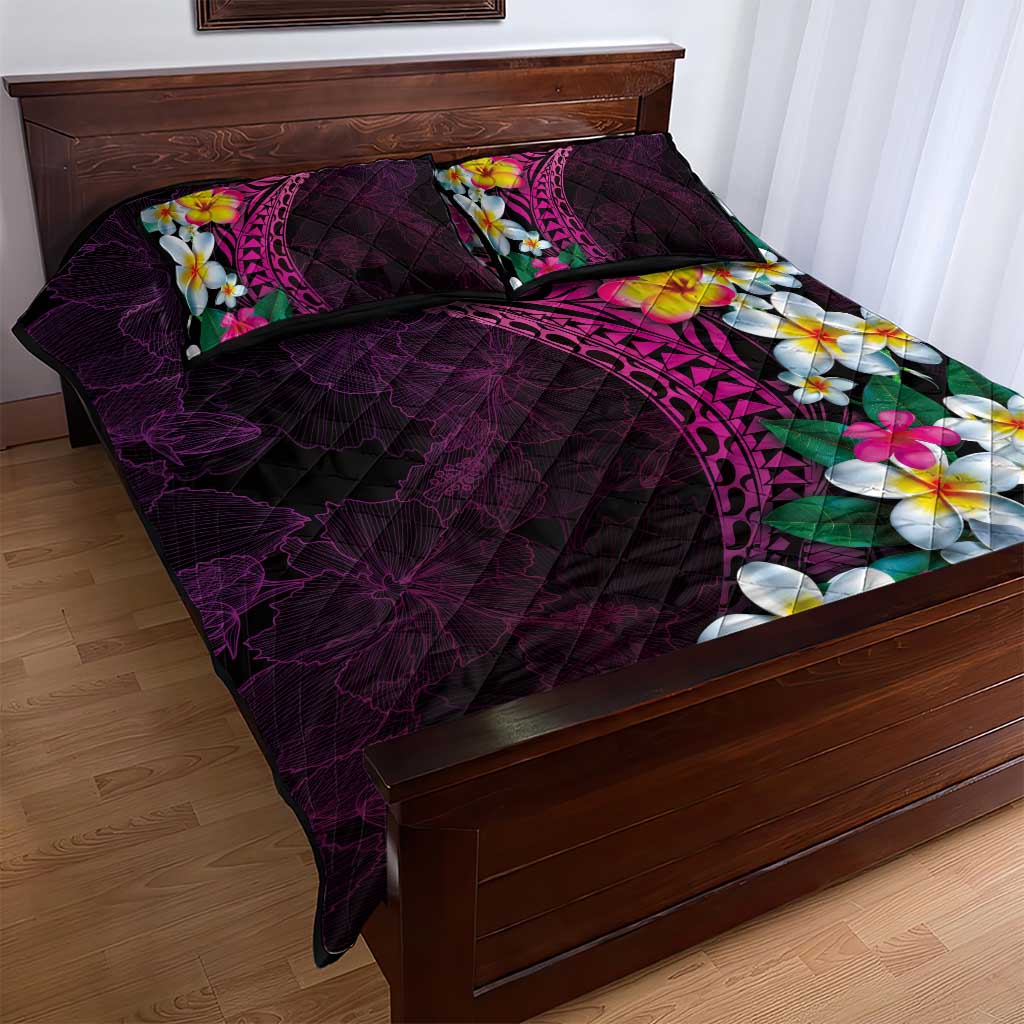 Hawaiian Plumeria-Polynesian Art Tattoo Plum Pink Color Quilt Bed Set