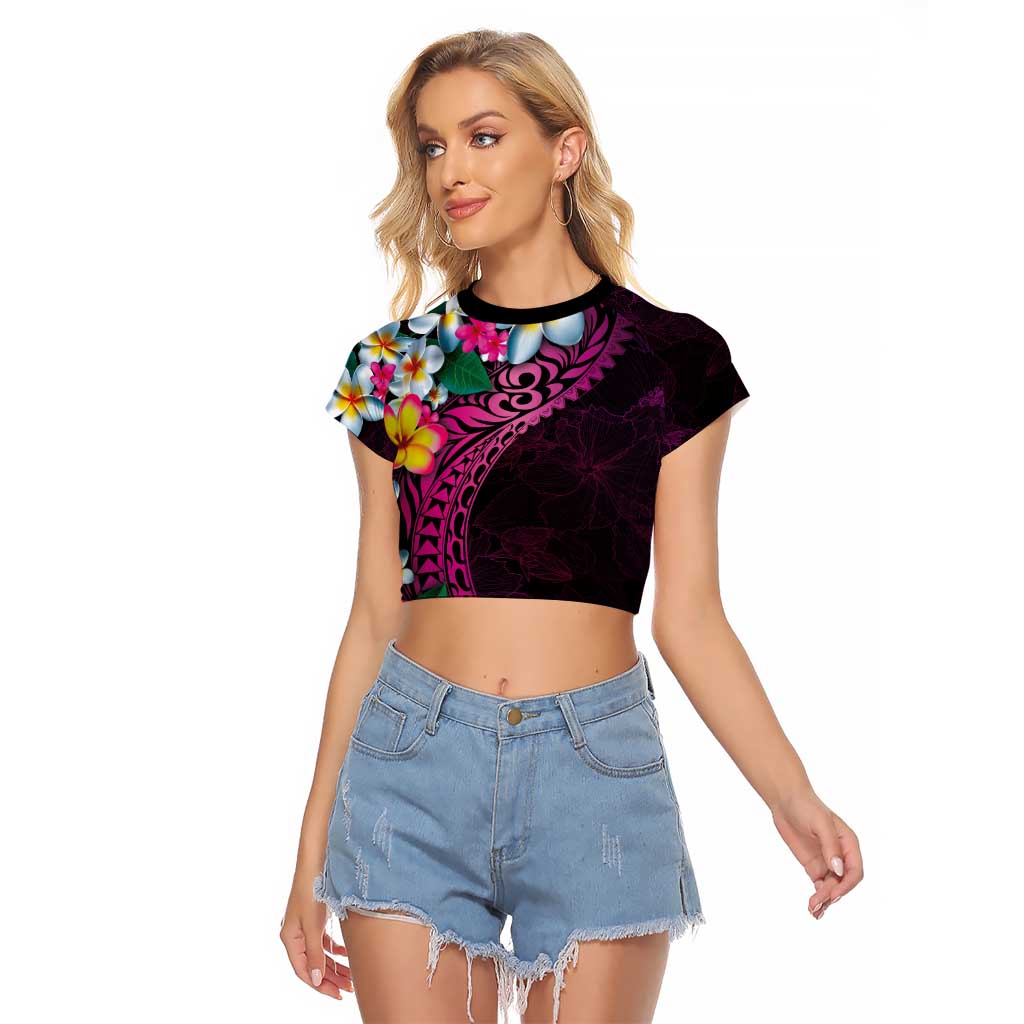 Hawaiian Plumeria-Polynesian Art Tattoo Plum Pink Color Raglan Cropped T Shirt