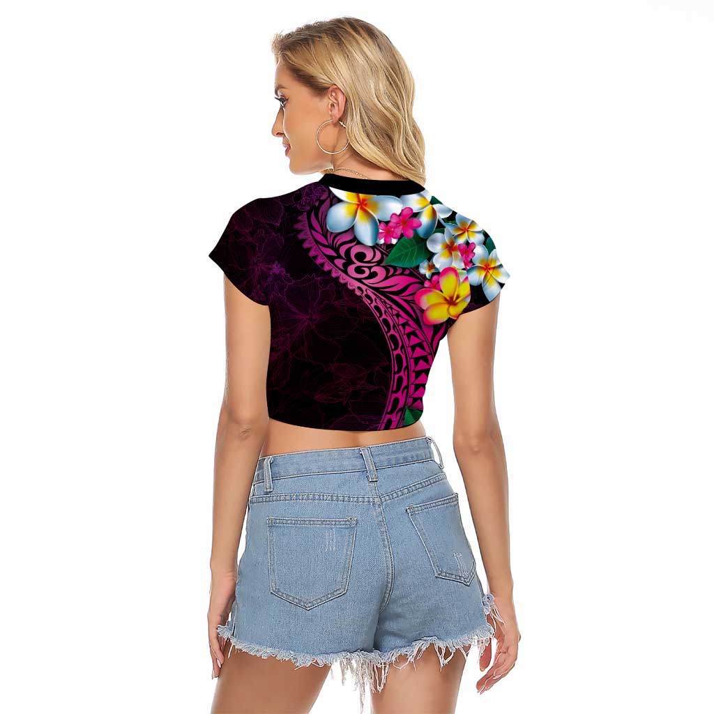 Hawaiian Plumeria-Polynesian Art Tattoo Plum Pink Color Raglan Cropped T Shirt