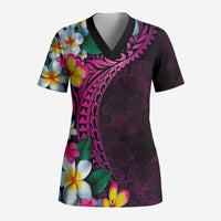 Hawaiian Plumeria-Polynesian Art Tattoo Plum Pink Color Scrub Top - Polynesian Pride