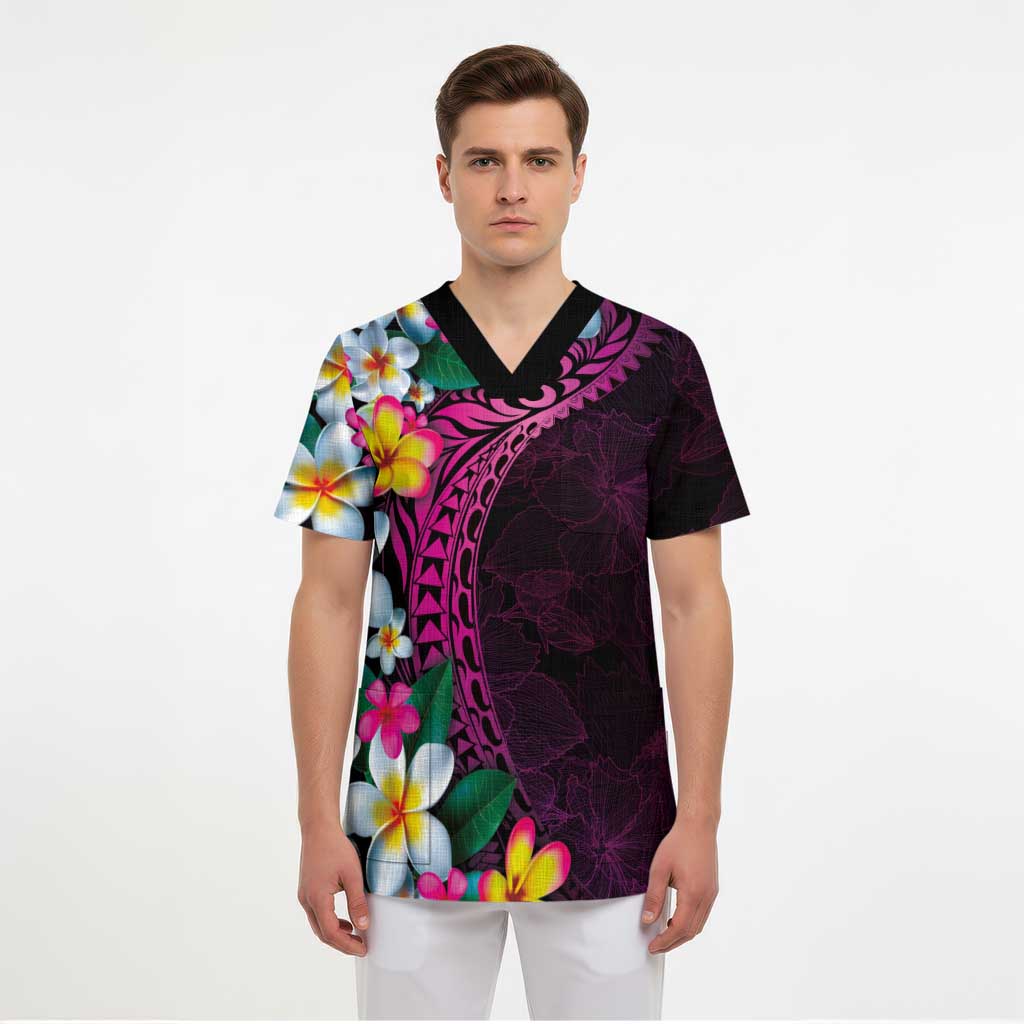 Hawaiian Plumeria-Polynesian Art Tattoo Plum Pink Color Scrub Top - Polynesian Pride