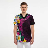 Hawaiian Plumeria-Polynesian Art Tattoo Plum Pink Color Scrub Top - Polynesian Pride