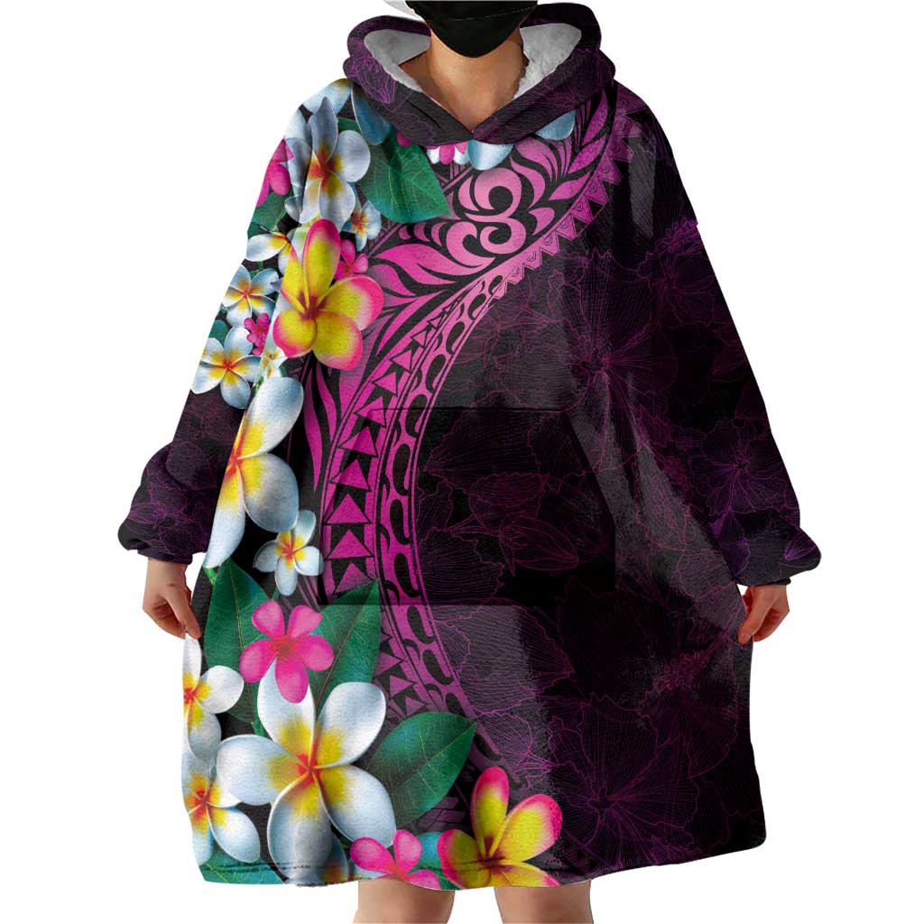 Hawaiian Plumeria-Polynesian Art Tattoo Plum Pink Color Wearable Blanket Hoodie