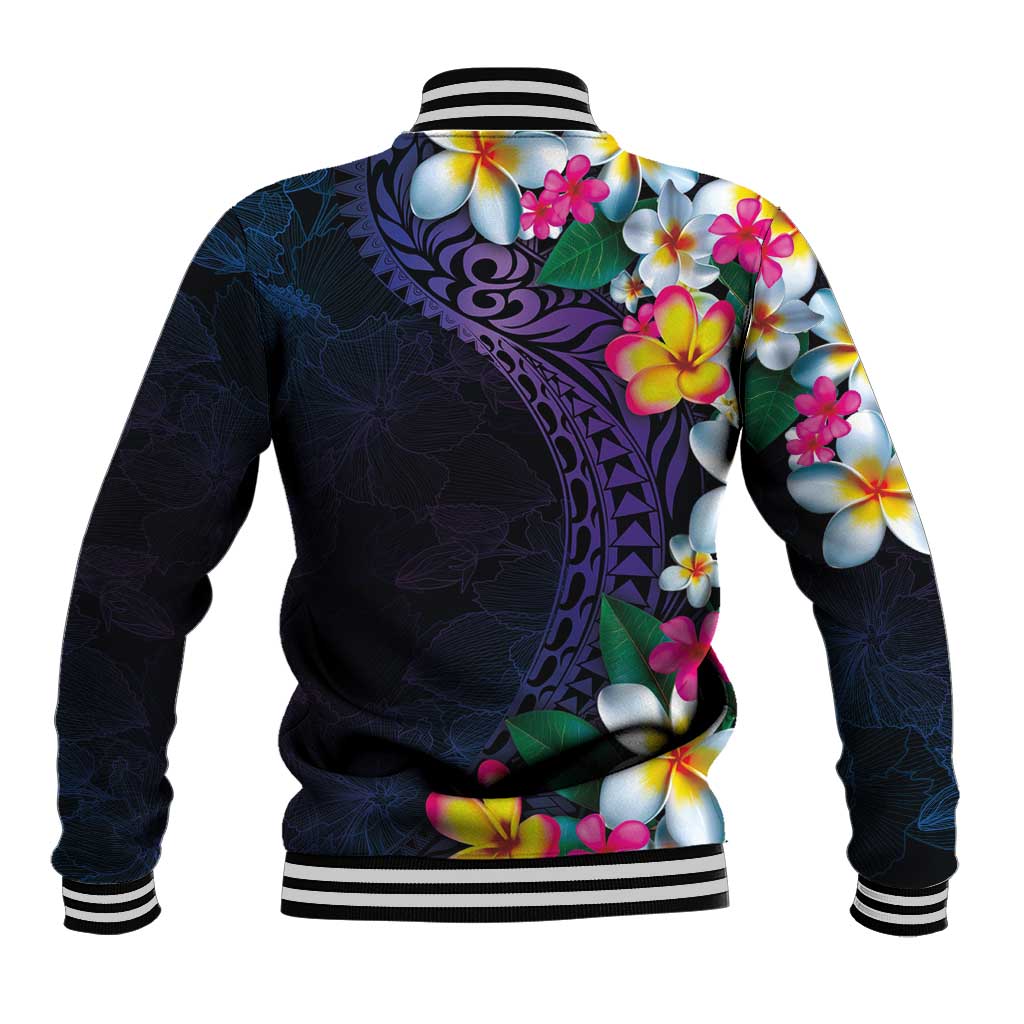 Hawaiian Plumeria-Polynesian Art Tattoo Frosted Blue Violet Color Baseball Jacket