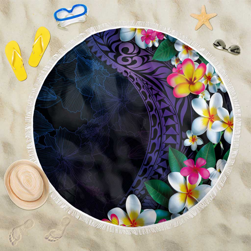 Hawaiian Plumeria-Polynesian Art Tattoo Frosted Blue Violet Color Beach Blanket