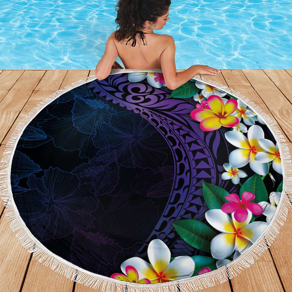 Hawaiian Plumeria-Polynesian Art Tattoo Frosted Blue Violet Color Beach Blanket
