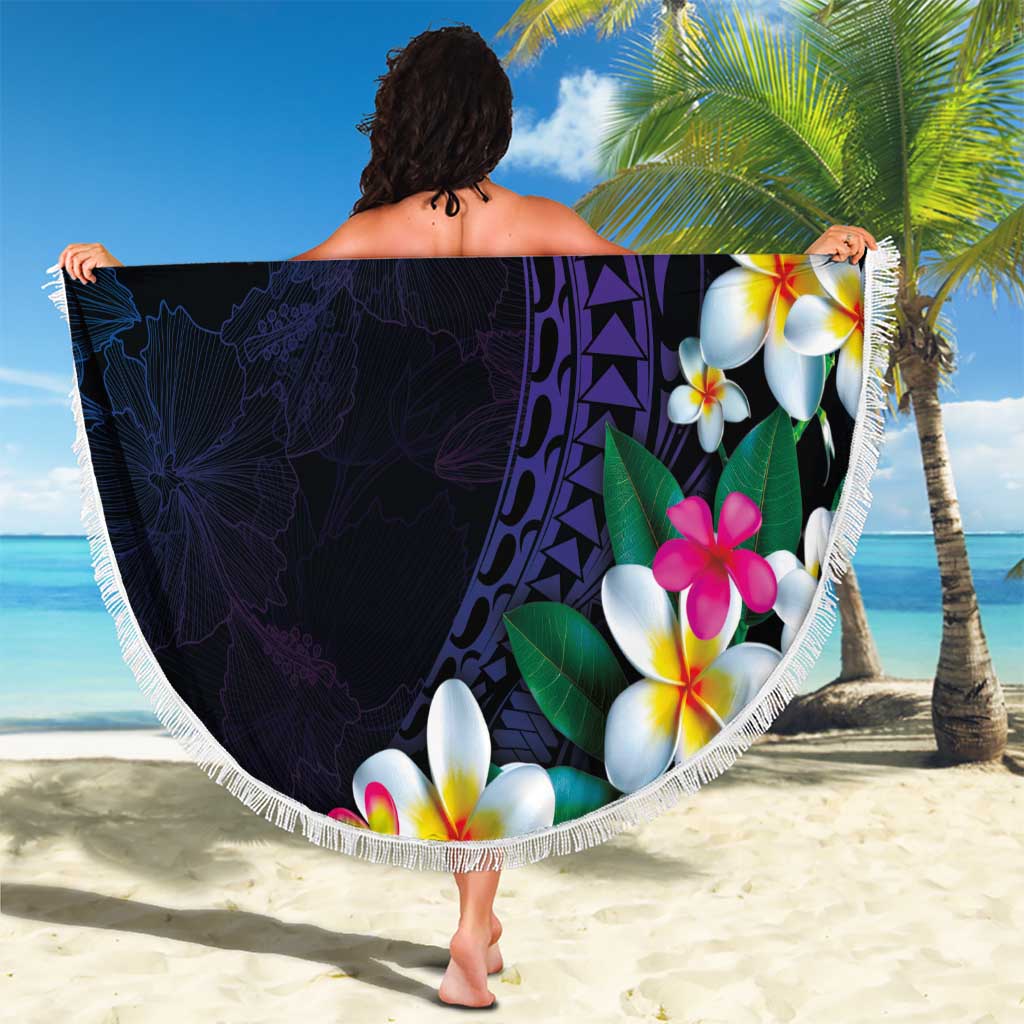 Hawaiian Plumeria-Polynesian Art Tattoo Frosted Blue Violet Color Beach Blanket