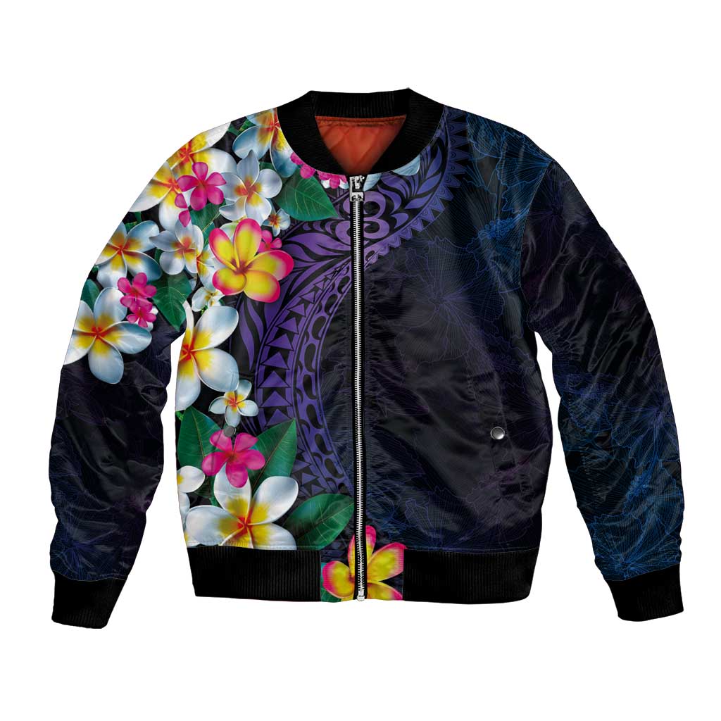 Hawaiian Plumeria-Polynesian Art Tattoo Frosted Blue Violet Color Bomber Jacket