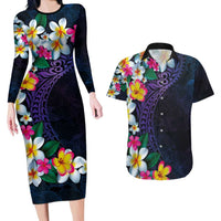 Hawaiian Plumeria-Polynesian Art Tattoo Frosted Blue Violet Color Couples Matching Long Sleeve Bodycon Dress and Hawaiian Shirt