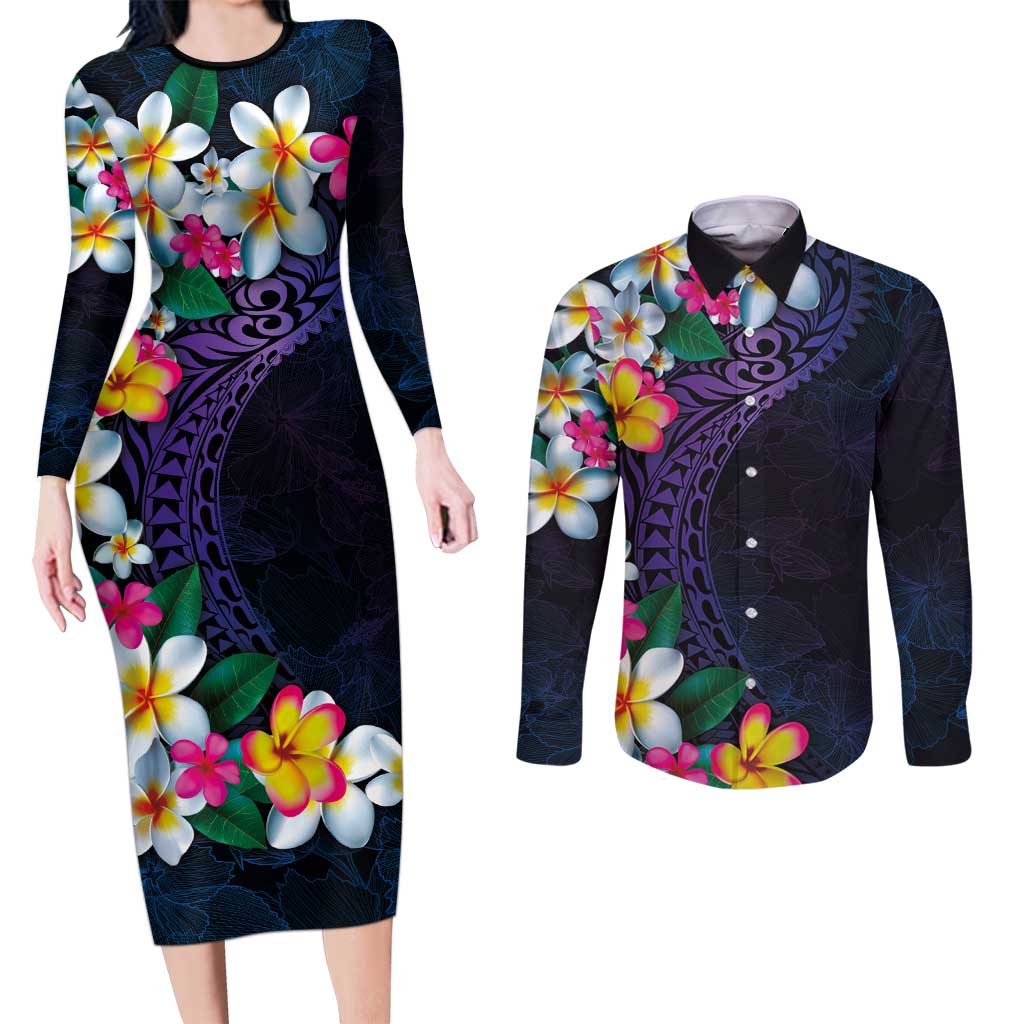 Hawaiian Plumeria-Polynesian Art Tattoo Frosted Blue Violet Color Couples Matching Long Sleeve Bodycon Dress and Long Sleeve Button Shirt