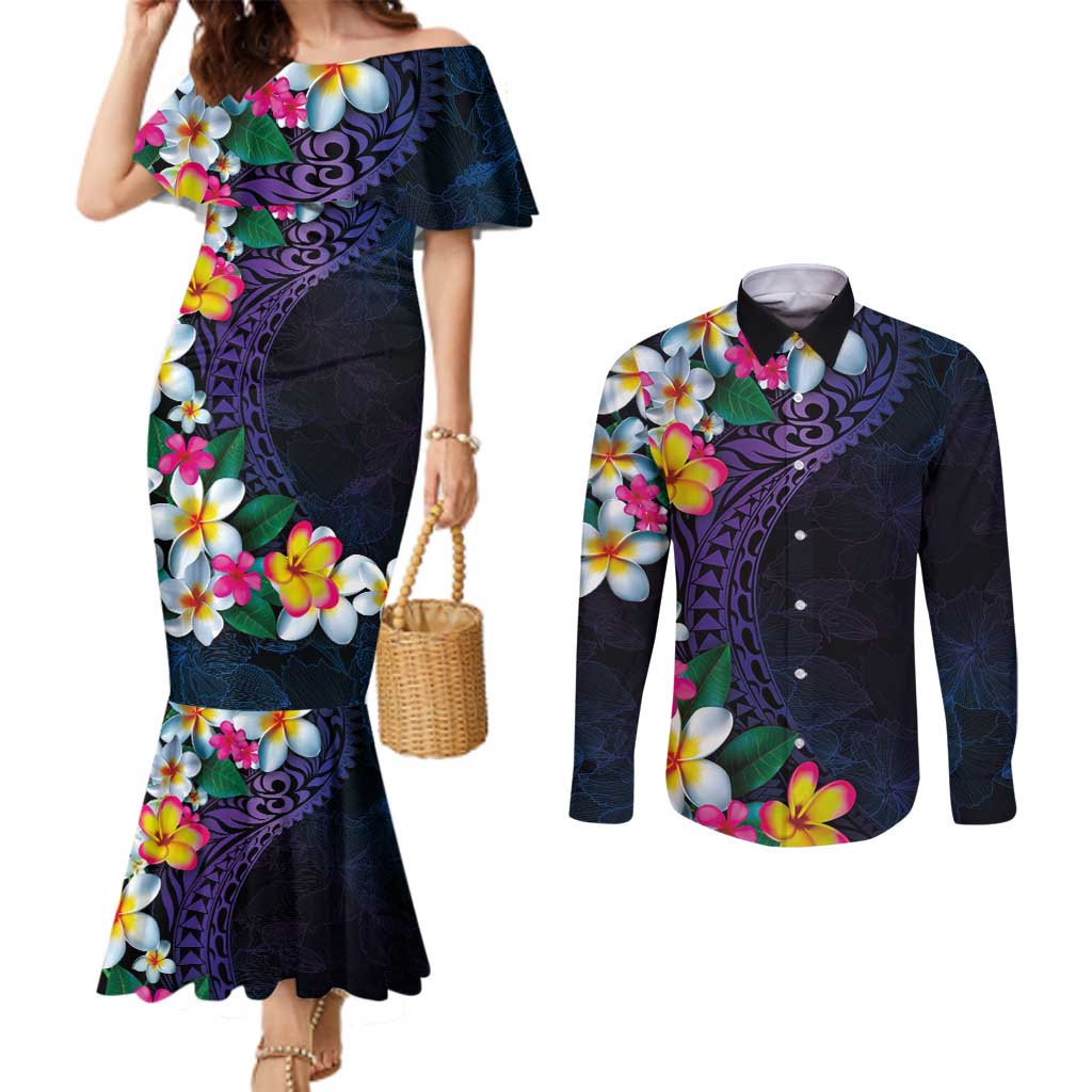 Hawaiian Plumeria-Polynesian Art Tattoo Frosted Blue Violet Color Couples Matching Mermaid Dress and Long Sleeve Button Shirt