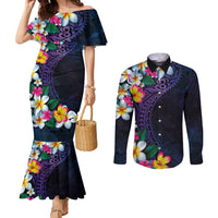 Hawaiian Plumeria-Polynesian Art Tattoo Frosted Blue Violet Color Couples Matching Mermaid Dress and Long Sleeve Button Shirt