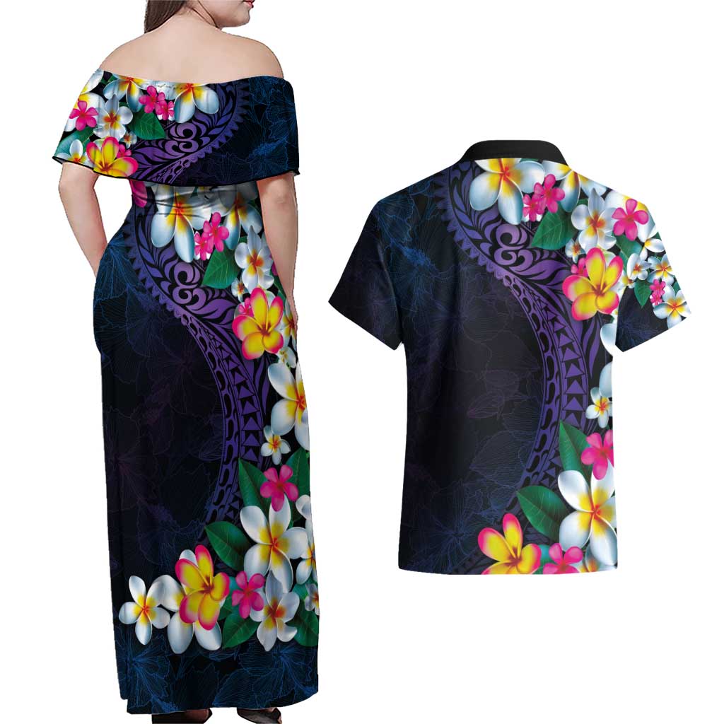 Hawaiian Plumeria-Polynesian Art Tattoo Frosted Blue Violet Color Couples Matching Off Shoulder Maxi Dress and Hawaiian Shirt