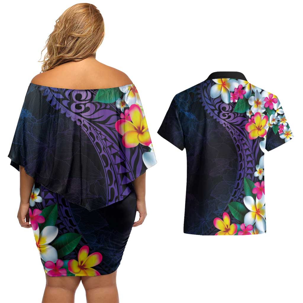 Hawaiian Plumeria-Polynesian Art Tattoo Frosted Blue Violet Color Couples Matching Off Shoulder Short Dress and Hawaiian Shirt
