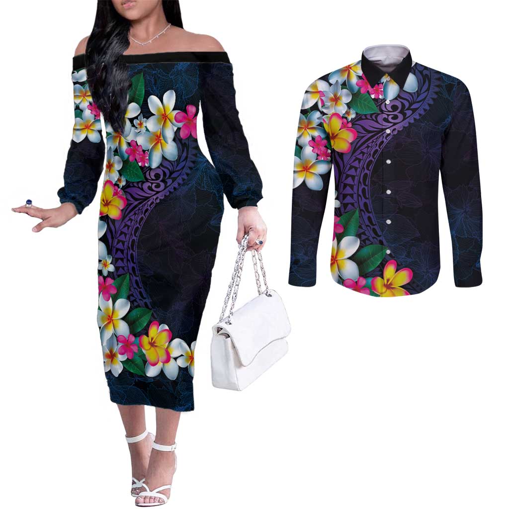 Hawaiian Plumeria-Polynesian Art Tattoo Frosted Blue Violet Color Couples Matching Off The Shoulder Long Sleeve Dress and Long Sleeve Button Shirt