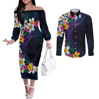 Hawaiian Plumeria-Polynesian Art Tattoo Frosted Blue Violet Color Couples Matching Off The Shoulder Long Sleeve Dress and Long Sleeve Button Shirt
