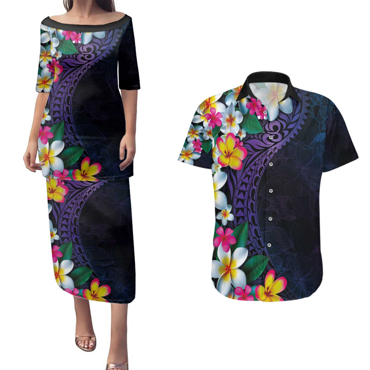 Hawaiian Plumeria-Polynesian Art Tattoo Frosted Blue Violet Color Couples Matching Puletasi and Hawaiian Shirt