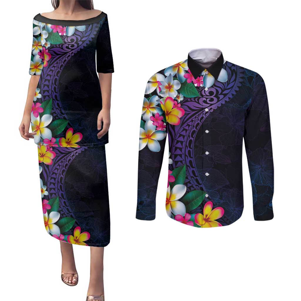 Hawaiian Plumeria-Polynesian Art Tattoo Frosted Blue Violet Color Couples Matching Puletasi and Long Sleeve Button Shirt