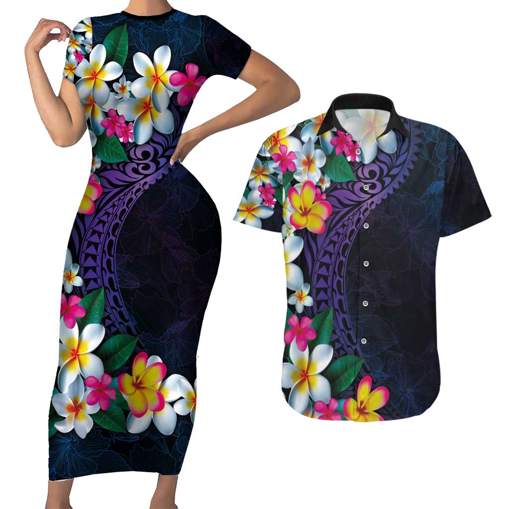 Hawaiian Plumeria-Polynesian Art Tattoo Frosted Blue Violet Color Couples Matching Short Sleeve Bodycon Dress and Hawaiian Shirt