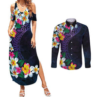 Hawaiian Plumeria-Polynesian Art Tattoo Frosted Blue Violet Color Couples Matching Summer Maxi Dress and Long Sleeve Button Shirt