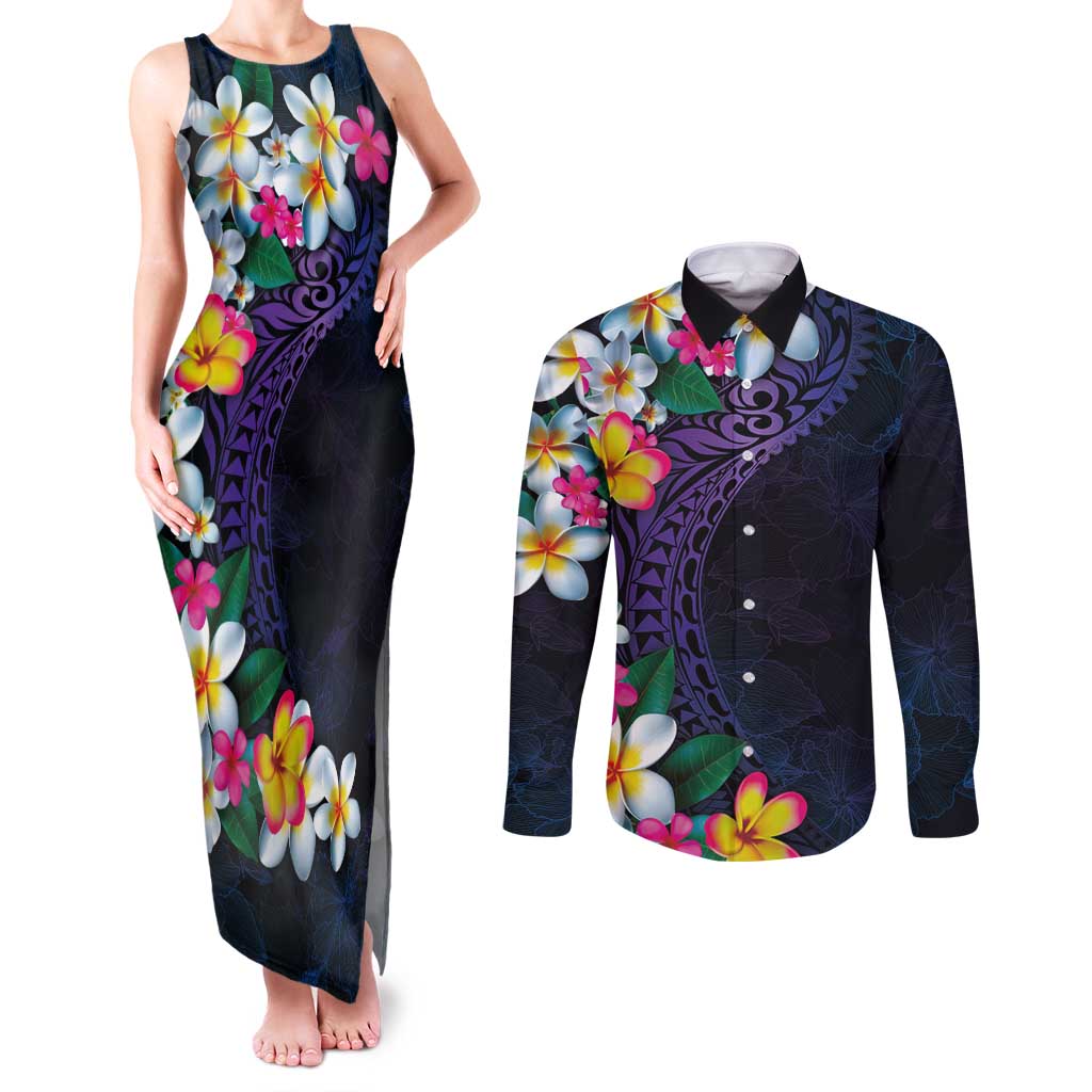 Hawaiian Plumeria-Polynesian Art Tattoo Frosted Blue Violet Color Couples Matching Tank Maxi Dress and Long Sleeve Button Shirt
