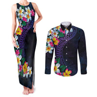 Hawaiian Plumeria-Polynesian Art Tattoo Frosted Blue Violet Color Couples Matching Tank Maxi Dress and Long Sleeve Button Shirt