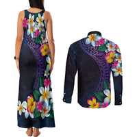 Hawaiian Plumeria-Polynesian Art Tattoo Frosted Blue Violet Color Couples Matching Tank Maxi Dress and Long Sleeve Button Shirt