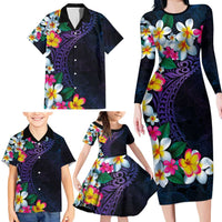 Hawaiian Plumeria-Polynesian Art Tattoo Frosted Blue Violet Color Family Matching Long Sleeve Bodycon Dress and Hawaiian Shirt