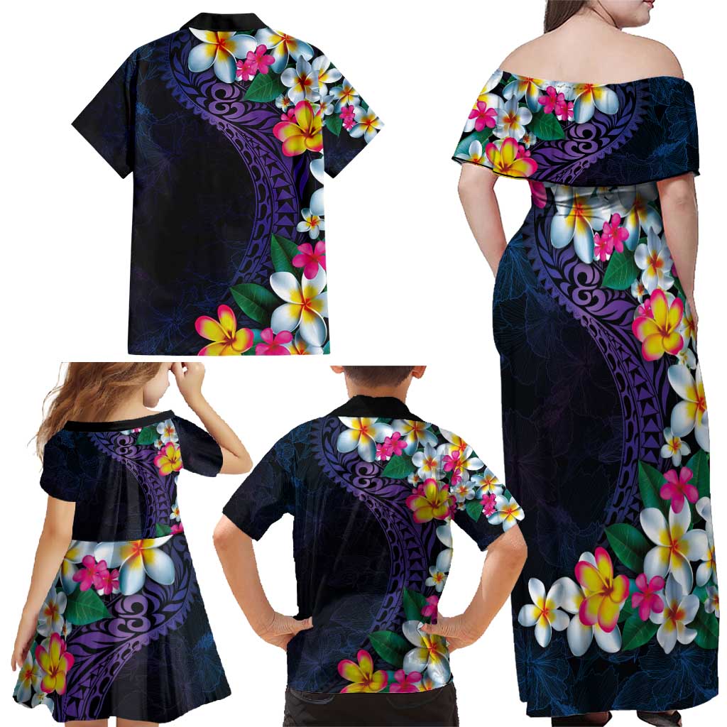 Hawaiian Plumeria-Polynesian Art Tattoo Frosted Blue Violet Color Family Matching Off Shoulder Maxi Dress and Hawaiian Shirt