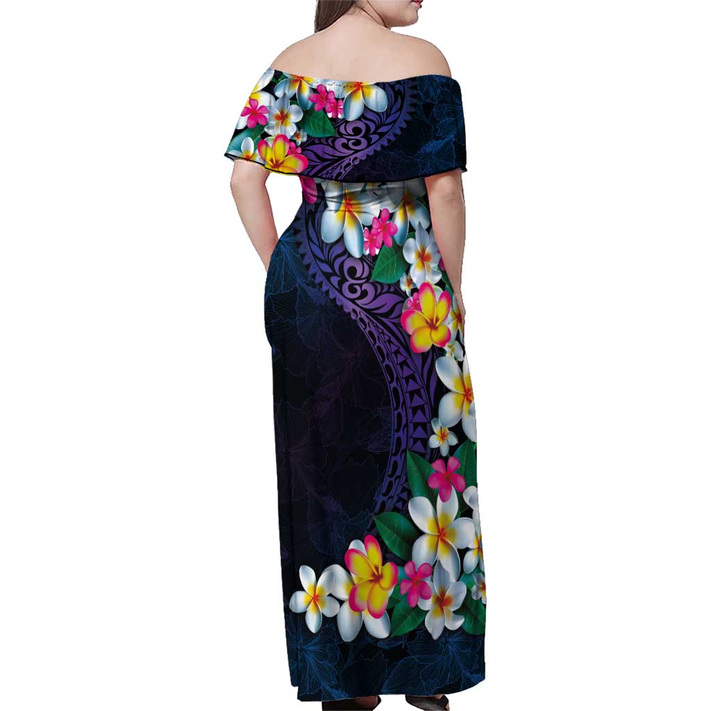 Hawaiian Plumeria-Polynesian Art Tattoo Frosted Blue Violet Color Family Matching Off Shoulder Maxi Dress and Hawaiian Shirt