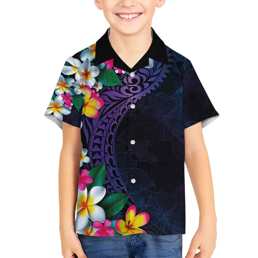 Hawaiian Plumeria-Polynesian Art Tattoo Frosted Blue Violet Color Family Matching Off Shoulder Maxi Dress and Hawaiian Shirt
