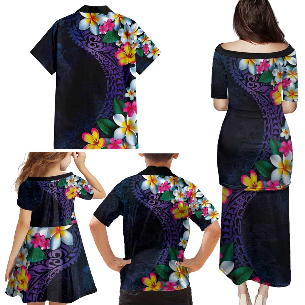 Hawaiian Plumeria-Polynesian Art Tattoo Frosted Blue Violet Color Family Matching Puletasi and Hawaiian Shirt