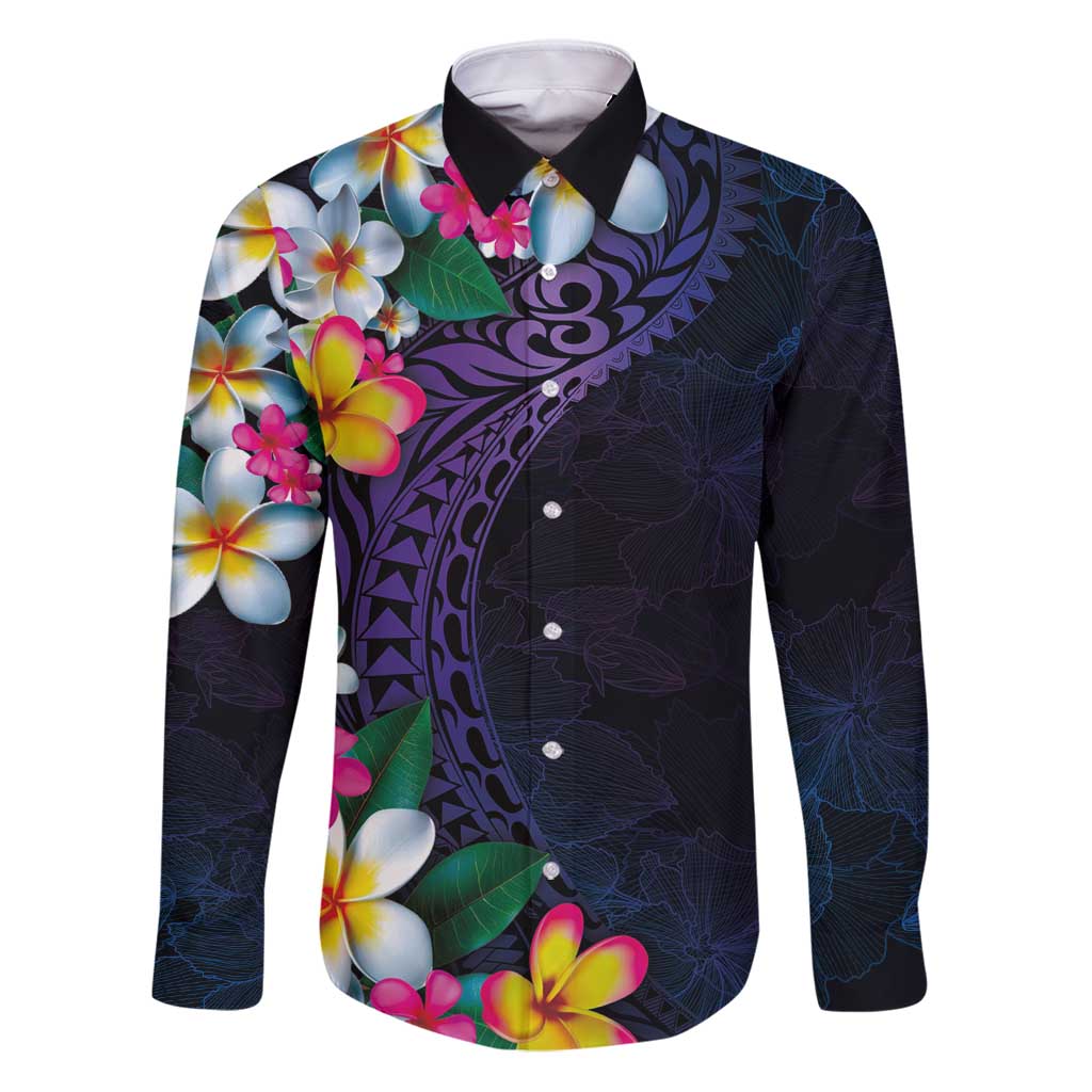 Hawaiian Plumeria-Polynesian Art Tattoo Frosted Blue Violet Color Family Matching Puletasi and Hawaiian Shirt