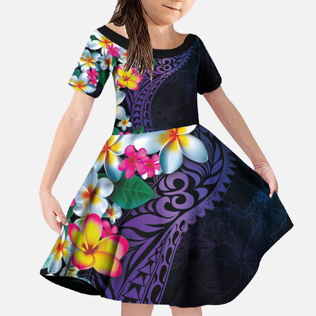 Hawaiian Plumeria-Polynesian Art Tattoo Frosted Blue Violet Color Family Matching Short Sleeve Bodycon Dress and Hawaiian Shirt