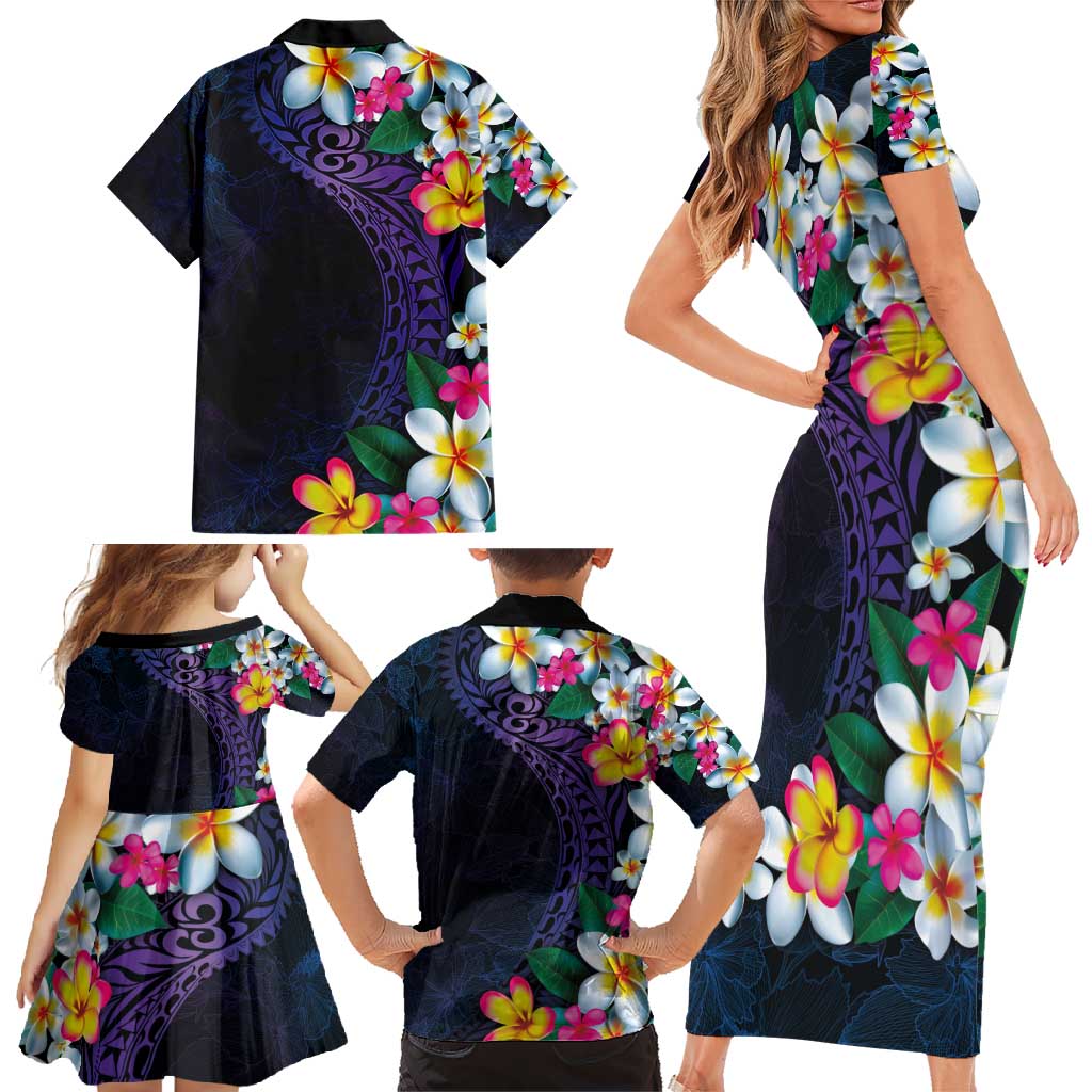 Hawaiian Plumeria-Polynesian Art Tattoo Frosted Blue Violet Color Family Matching Short Sleeve Bodycon Dress and Hawaiian Shirt