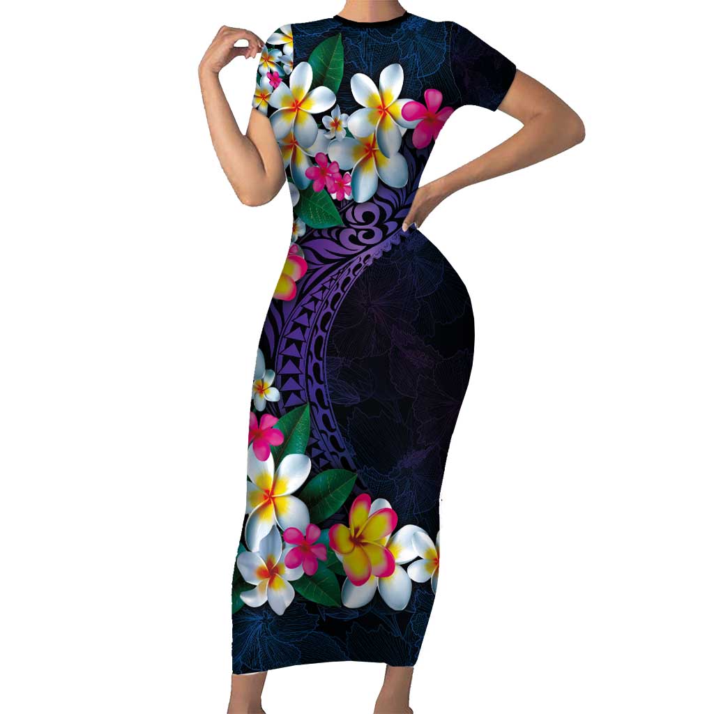 Hawaiian Plumeria-Polynesian Art Tattoo Frosted Blue Violet Color Family Matching Short Sleeve Bodycon Dress and Hawaiian Shirt