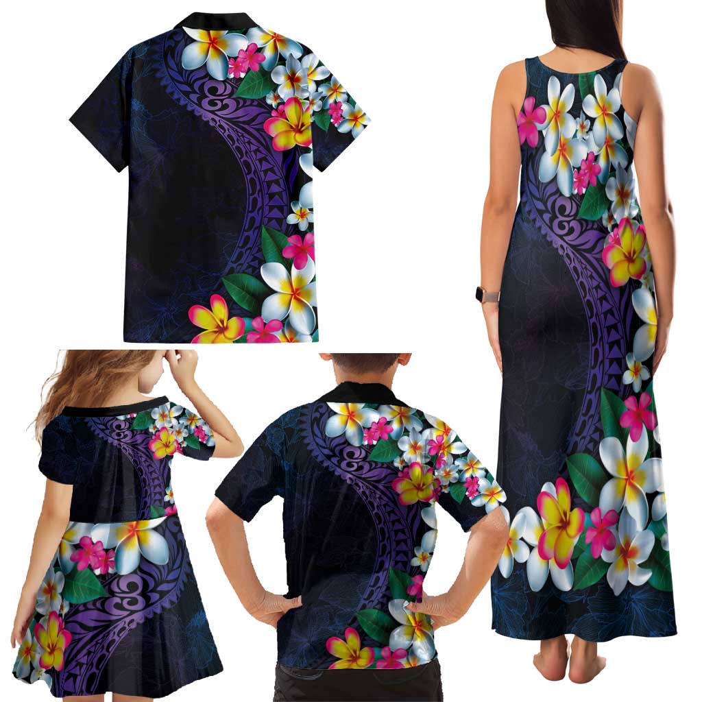 Hawaiian Plumeria-Polynesian Art Tattoo Frosted Blue Violet Color Family Matching Tank Maxi Dress and Hawaiian Shirt