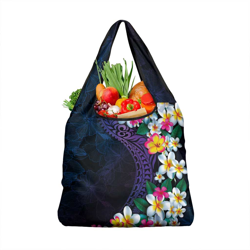 Hawaiian Plumeria-Polynesian Art Tattoo Frosted Blue Violet Color Grocery Bag