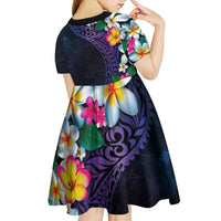 Hawaiian Plumeria-Polynesian Art Tattoo Frosted Blue Violet Color Kid Short Sleeve Dress