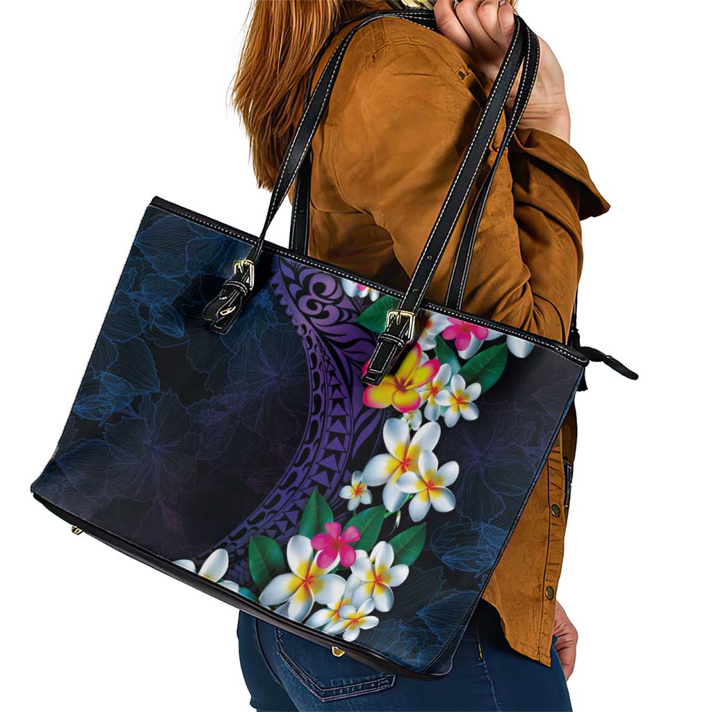 Hawaiian Plumeria-Polynesian Art Tattoo Frosted Blue Violet Color Leather Tote Bag