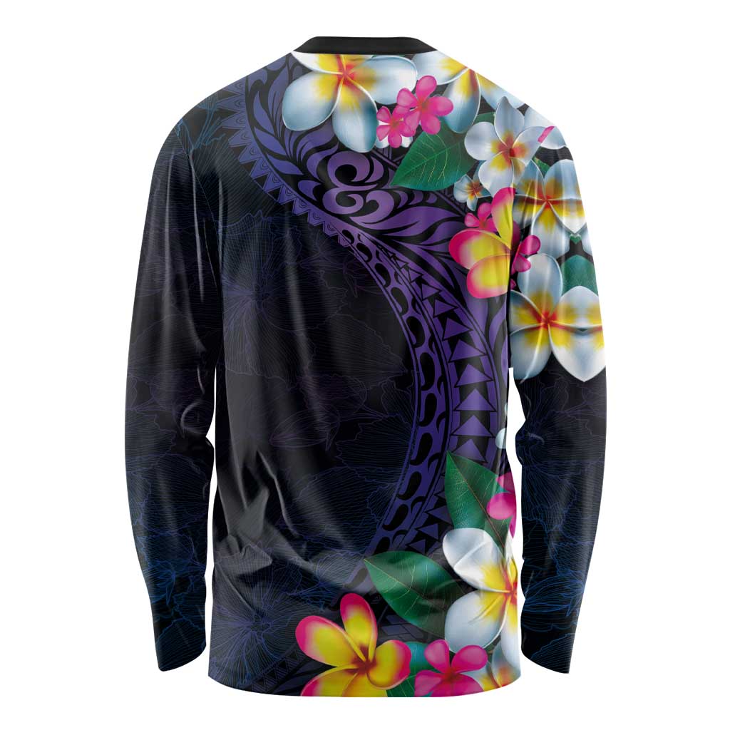 Hawaiian Plumeria-Polynesian Art Tattoo Frosted Blue Violet Color Long Sleeve Shirt