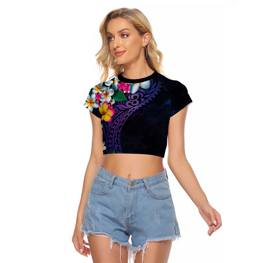 Hawaiian Plumeria-Polynesian Art Tattoo Frosted Blue Violet Color Raglan Cropped T Shirt